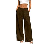 YBEBEWE Ladies Linen Trousers Straight Leg Bootcut Flared Stretch Jersey Trousers Cotton Linen Flowy Comfort Soft Cozy Elegant Smart Palazzo Pants Summer Casual Holiday Sports Office Bottoms Brown