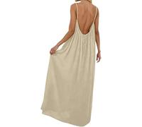 YBEBEWE Petite Dresses for Women UK Backless Cami Dresses Casual Lounge Solid Color Sleeveless House Dress Long Sundress with Adjustable Back Tie Beige