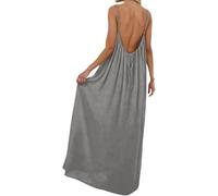 YBEBEWE Petite Dresses for Women UK Flowy Backless Dress Casual Lounge Solid Color Sleeveless House Dress Long Sundress with Adjustable Back Tie Gray