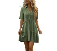 YBEBEWE Prom Dresses Short Sleeve A-Line Midi Dresses Elegant Lapel Neck Buttons Tiered Dress Summer Casual Loose Boho Sundress Breathable Comfortable Friendly Beach Everyday Wear Green