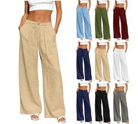 YBEBEWE Womens Linen Trousers Cotton Linen Wide Leg High Waisted Trousers Summer Casual Lightweight Breathable Cozy Elegant Palazzo Pants Lounge Business Going Out Beach Vacation Bottoms Khaki