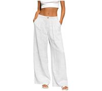 YBEBEWE Womens Summer Trousers Straight Leg Bootcut Flared Stretch Jersey Trousers Cotton Linen Flowy Comfort Soft Cozy Elegant Smart Palazzo Pants Summer Casual Holiday Sports Office Bottoms White