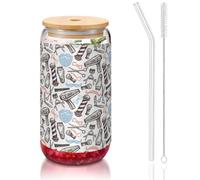 YBGHDAA Barber Supplies Pattern Printing 1 Pcs Drinking Glasses with Lids and Straw 16oz Glass Cups Ideal for Whiskey Beer Tea
