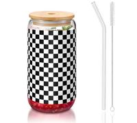 YBGHDAA Black and White Checkered Stripes Printing 1 Pcs Drinking Glasses with Lids and Straw 16oz Glass Cups Ideal for Whiskey Beer Tea