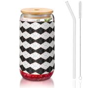 YBGHDAA Black White Marble Printing 1 Pcs Drinking Glasses with Lids and Straw 16oz Glass Cups Ideal for Whiskey Beer Tea
