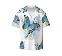 YBGHDAA Blue Butterfly On Blossom Flower Printing Summer Short Sleeve Shirts Lightweight Button Shirts Cuban Shirt Hawaiian Shirt with Pocket
