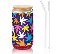 YBGHDAA Bright Colorful Weed Pattern Printing 1 Pcs Drinking Glasses with Lids and Straw 16oz Glass Cups Ideal for Whiskey Beer Tea