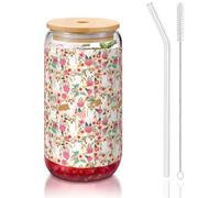 YBGHDAA Corgi Floral Flowers Printing 1 Pcs Drinking Glasses with Lids and Straw 16oz Glass Cups Ideal for Whiskey Beer Tea