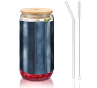 YBGHDAA Gradient Blue Denim Printing 1 Pcs Drinking Glasses with Lids and Straw 16oz Glass Cups Ideal for Whiskey Beer Tea