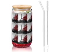 YBGHDAA Grey Paris Eiffel Tower Cityscape Red Flower Printing 1 Pcs Drinking Glasses with Lids and Straw 16oz Glass Cups Ideal for Whiskey Beer Tea