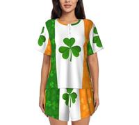 YBGHDAA Irish Flag Summer Ladies Short Sleeve Pajama Set 2 Piece Outfit Soft Breathable Loungewear Button Top & Elastic Drawstring Shorts With Pockets Black