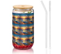 YBGHDAA Last Sun Rays of Over The Sea Waves Printing 1 Pcs Drinking Glasses with Lids and Straw 16oz Glass Cups Ideal for Whiskey Beer Tea