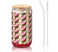 YBGHDAA Peony Flowers Blossom Printing 1 Pcs Drinking Glasses with Lids and Straw 16oz Glass Cups Ideal for Whiskey Beer Tea