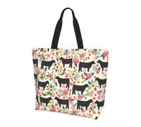 YBGHDAA Pink Flower Show Steer Cows Cattle Minimalist Printed Tote Bag For Women, Large Capacity Shoulder Bags, Lightweight Handbag For Work, College, Travel
