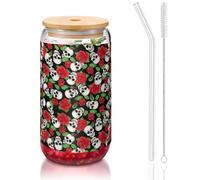 YBGHDAA Skulls and Roses Printing 1 Pcs Drinking Glasses with Lids and Straw 16oz Glass Cups Ideal for Whiskey Beer Tea