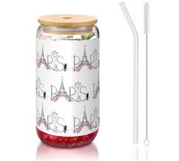 YBGHDAA Tower Eiffel with Paris Couple Trip Flowers Floral Printing 1 Pcs Drinking Glasses with Lids and Straw 16oz Glass Cups Ideal for Whiskey Beer Tea
