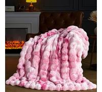 YBIKE Faux Rabbit Fur Throw Blanket, Fuzzy Soft Plush Bubble Blanket 150 x 130cm, Luxury Warm Reversible Decorative Blanket for Bed, Sofa, Couch, Armchairs (Pink)