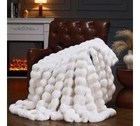 YBIKE Faux Rabbit Fur Throw Blanket, Fuzzy Soft Plush Bubble Blanket 150 x 130cm, Luxury Warm Reversible Decorative Blanket for Bed, Sofa, Couch, Armchairs (White)
