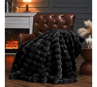 YBIKE Faux Rabbit Fur Throw Blanket, Fuzzy Soft Plush Bubble Blanket 150 x 130cm, Luxury Warm Reversible Decorative Blanket for Bed, Sofa, Couch, Armchairs (Black)