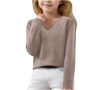Ybing Knitted Jumper Girls Plain Knitted Jumper Casual V-Neck Pullover Warm Sweat Pullover Loose Long Sleeve Shirt Comfortable Long Sleeve Sweater Unisex Children's Jumper Basic Tops Jumper, #02