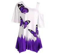 Ybing Off Shoulder Tops Women's Butterfly Print Blouse Irregular Hem Long Shirt Sexy Cold Shoulder Tunic Elegant Loose Blouse Top Lightweight Short Sleeve Top Summer Shirts S-5XL, Purple, 5X-Large