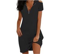 Ybing Summer Dress Women's Knee-Length Zip V-Neck Dresses Plain Shoulderless Mini Dress Casual Short Sleeve Party Dress Summer Loose Shirt Dress Lightweight Casual Dress Thin Tunic Dress, black, S
