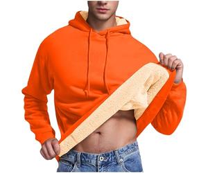 Ybing Sweatshirt Men's Casual Teddy Fleece Pullover Plain Padded Hoodie Warm Sherpa Lined Hoodie Slim Plush Jumper Winter Hoodie Drawstring Hoodie Tops S-3XL, orange, XL