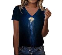 Ybing T-Shirt Women's 3D Sea Print T-Shirt Fashionable V-Neck T-Shirt Loose Short Sleeve Blouse Cotton Tops Summer Basic Top Thin Sports Shirt Comfortable Running Shirt Streetwear Summer Shirts, navy,