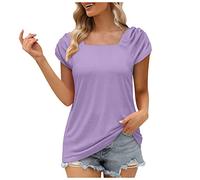 Ybing T Shirt Women's Elegant Puff Sleeve T-Shirt Plain Square Neck T-Shirt Casual Short Sleeve Blouse Summer Loose Tops Cotton Basic Tee Tops Teenager Girls Sports Shirt Streetwear, Purple, S