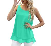Ybing Tank Top Women's Plain Chiffon Tank Tops Double Layer Hem Tank Tops Elegant O-Neck Blouse Slim Sleeveless T-Shirt Lightweight Beach Tops Comfortable Tunic Summer Thin Vest, Green, 3XL