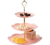 YBK Tech 3-Tier Porcelain Serving Stand, Cake Stand with Embossed Lace Pattern - (Pink, Gold rod)