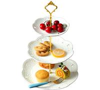 YBK Tech 3-Tier Porcelain Serving Stand, Cake Stand with Embossed Lace Pattern - (White, Gold rod)