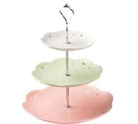 YBK Tech 3-Tier Porcelain Serving Stand, Cake Stand with Embossed Lace Pattern - (White+Green+Pink, Silver rod)