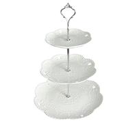YBK Tech 3-Tier Porcelain Serving Stand, Cake Stand with Embossed Lace Pattern - (White, Silver rod)