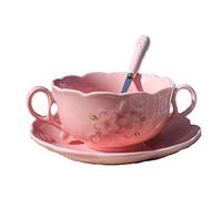 YBK Tech Breakfast Cup Bone China Porcelain Dessert Bowls Soup Mug with Saucer and Spoon (Pink)
