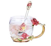 YBK Tech Creative Flower Glass Mug, Crystal Glass Tea Cup in Presentation Box- Butterfly and Rose (Red, Short (320ml))