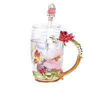 YBK Tech Creative Flower Glass Mug, Crystal Glass Tea Cup in Presentation Box- Butterfly and Rose (Red, Tall (350ml))