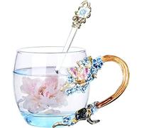 YBK Tech Creative Flower Glass Mug, Crystal Glass Tea Cup in Presentation Box- Plum Blossom (Blue, Small (320ml))