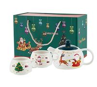 YBK Tech Creative Tea for 2, Ceramic Coffee Pot Teapot and 2 Cups - Christmas Series (White+ Green)