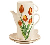 YBK Tech Creative Tulip Tea Set, Ceramic Tea Set for 2, Teapot, 2 Cups and 2 Saucers (Red)