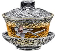 YBK Tech Crystal Gaiwan, Glass Kung Fu Tea Cup with Saucer and Lid, Chinese Traditional, Sancai Tea Bowl (Transparent Cup with Plum Flower)