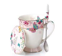 YBK Tech Euro Style Art Bone China Ceramic Tea Cup Coffee Mug with Lid for Breakfast Home Kitchen (Butterflies Pattern) (Pink)