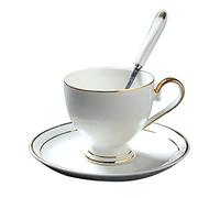 YBK Tech Euro Style Cup& Saucer Set Bone China Ceramic Tea Coffee Cup for Breakfast Home Kitchen- Pure White with Golden Edge