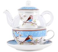 YBK Tech Glass Teapot with a Porcelain Infuser Strainer, Happy Bird Pattern Cup and Saucer Set, Teapot and Teacup for One (Blue)
