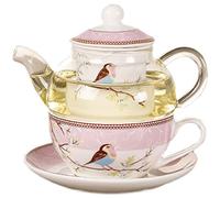 YBK Tech Glass Teapot with a Porcelain Infuser Strainer, Happy Bird Pattern Cup and Saucer Set, Teapot and Teacup for One (Pink)