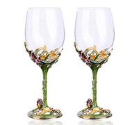 YBK Tech Handmade Enamel Craft Crystal Red Wine Glasses Set of 2 in Gift Box, Iris Design (Green)