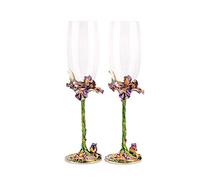 YBK Tech Handmade Enamel Craft Crystal Wine Glasses Champagne Flutes Set of 2 in Gift Box, Iris Design (Green Iris)