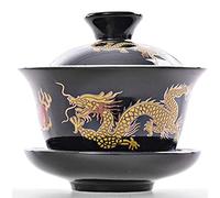 YBK Tech Porcelain Kung Fu Tea Cup and Saucer with Lid, Chinese Traditional Gaiwan Sancai Tea Bowl Tea Set Dragon Pattern (Black)