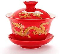 YBK Tech Porcelain Kung Fu Tea Cup and Saucer with Lid, Chinese Traditional Gaiwan Sancai Tea Bowl Tea Set Dragon Pattern (Red (Slightly Bigger))