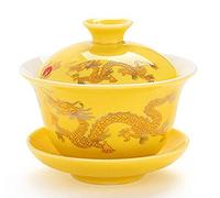 YBK Tech Porcelain Kung Fu Tea Cup and Saucer with Lid, Chinese Traditional Gaiwan Sancai Tea Bowl Tea Set Dragon Pattern (Yellow)